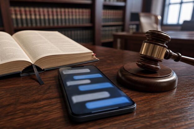 Ein Smartphone mit Chatnachrichten liegt neben einem geöffneten Gesetzesbuch und einem Gavel auf einem dunklen Schreibtisch