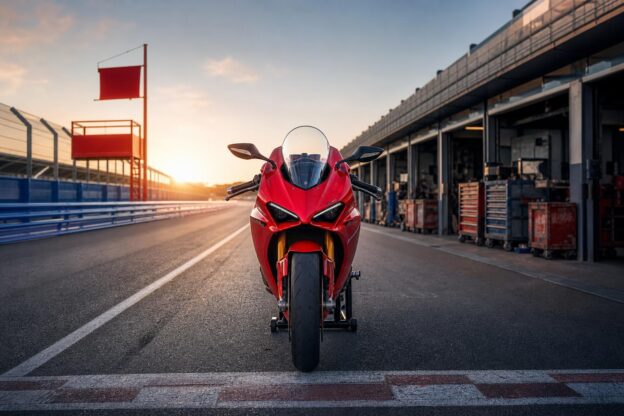 Ein rotes Supersport-Motorrad steht auf einer Rennstrecke mit blauen Sicherheitsbarrieren und einem roten Flaggenmast im