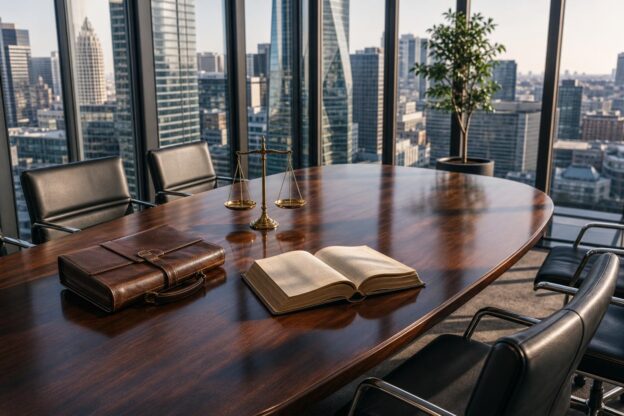 Ein glänzender Mahagonitisch mit einer Justitia-Waage, einem Rechtsbuch und einer Aktentasche in einem modernen Büro mit
