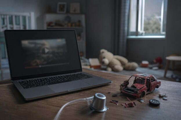 Ein offener Laptop steht auf einem Schreibtisch in einem Kinderzimmer, daneben liegt ein zerbrochenes Spielzeugauto und eine