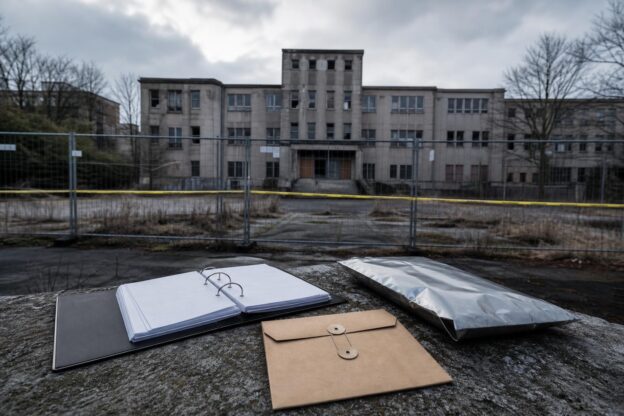 Ein verlassenes Klinikgebäude hinter einem Zaun mit gelbem Absperrband, davor liegen ein Aktenordner, ein Briefumschlag und
