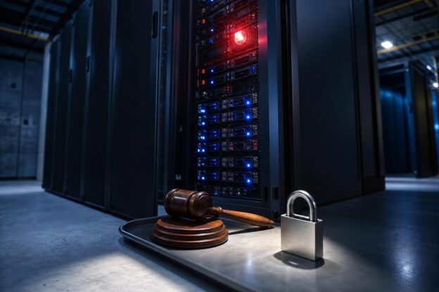 Ein Server-Rack mit blinkenden Lichtern steht in einem klimatisierten Datenzentrum, davor liegen ein hölzerner Richterhammer