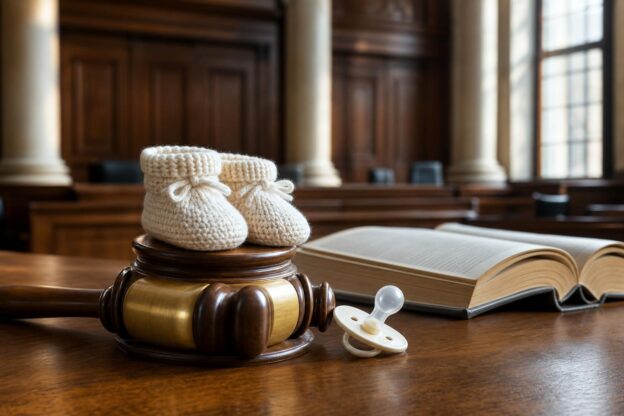 Zwei gestrickte Babyschuhe liegen auf einem Richterhammer neben einem offenen Gesetzbuch und einem Schnuller in einem