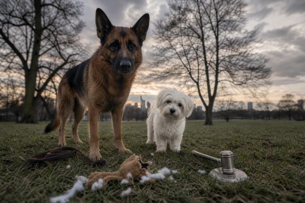 Ein großer Schäferhund und ein kleiner Malteser stehen auf einer Wiese, neben ihnen liegen eine Hundeleine, ein zerbrochenes