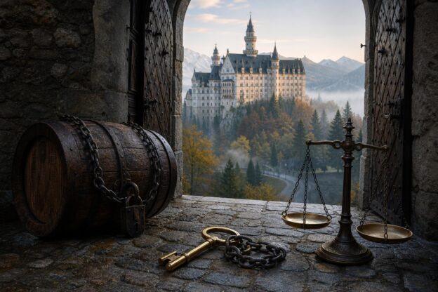 Ein historisches Schloss mit offenem Tor, davor liegen eine verschnürte Tonne, ein Schlüssel, und eine Gerechtigkeitswaage