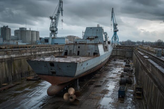 Ein halbfertiger Fregattenrumpf liegt in einem stillen Trocken dock mit verrosteten Propellern und leeren Kränen.