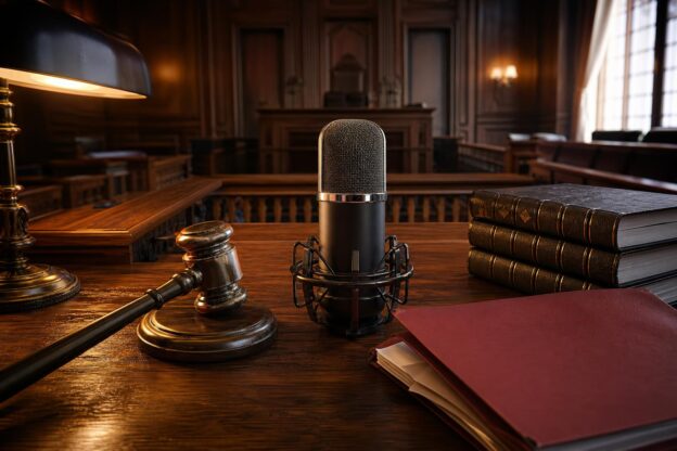 Ein Mikrofon steht auf einem Schreibtisch neben einem Gavel, Rechtsbüchern und einer roten Akte in einem Gerichtssaal