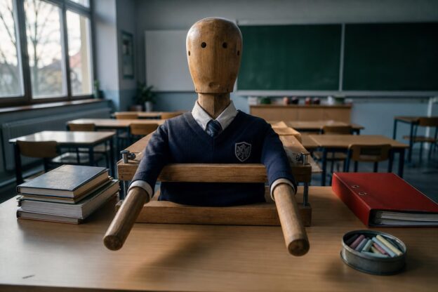 Ein hölzerner Trainingsdummy in Schuluniform sitzt an einem Lehrertisch in einem Klassenzimmer mit grüner Tafel und großen