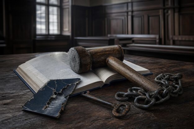 Ein schwerer Holzhammer liegt auf einem offenen Rechtsbuch in einem düster beleuchteten Gerichtssaal mit Holzvertäfelung.