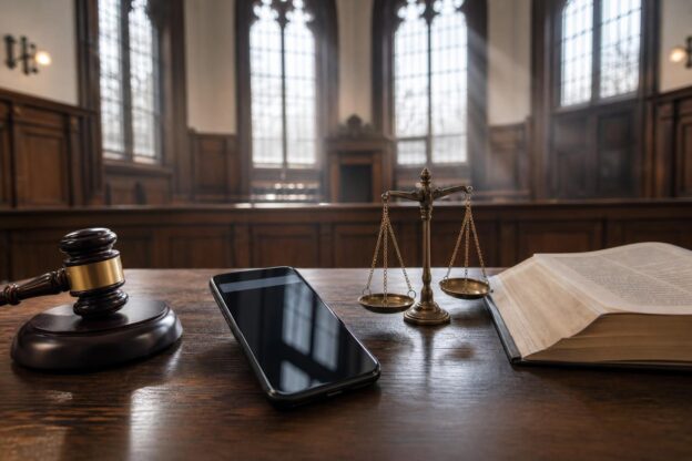 Ein Smartphone, eine Gerechtigkeitswaage, ein Hammer und ein Rechtsbuch liegen auf einer hölzernen Richterbank in einem
