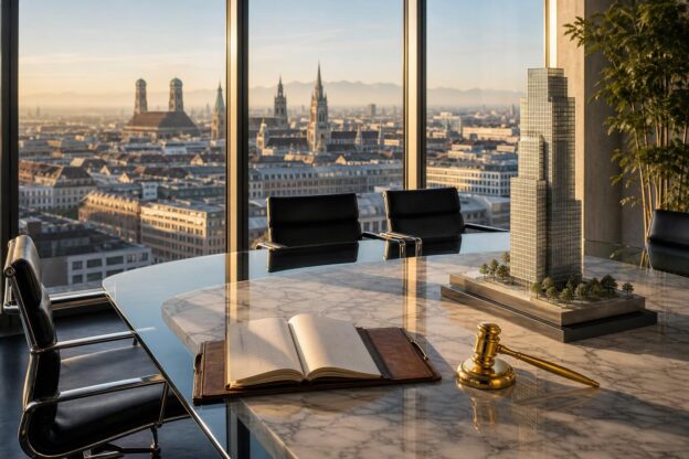 Ein gläserner Konferenztisch mit Marmorplatte, Richterhammer, offenem Buch und Modell eines Wolkenkratzers, vor einem