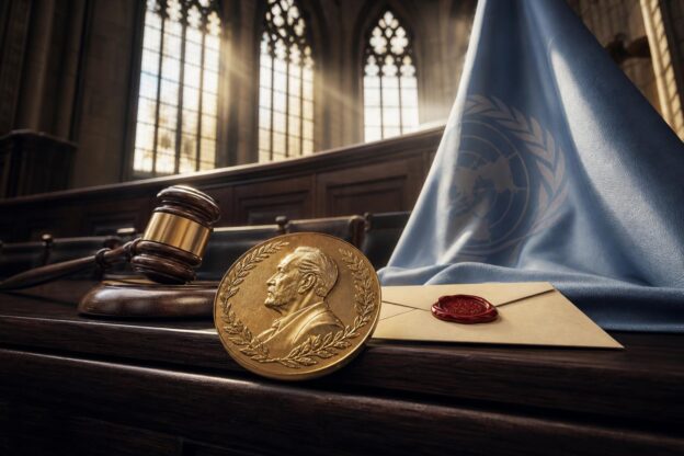 Nobel-Friedensmedaille liegt auf einer hölzernen Bank vor gotischen Fenstern, neben einem Richterhammer, einer versiegelten