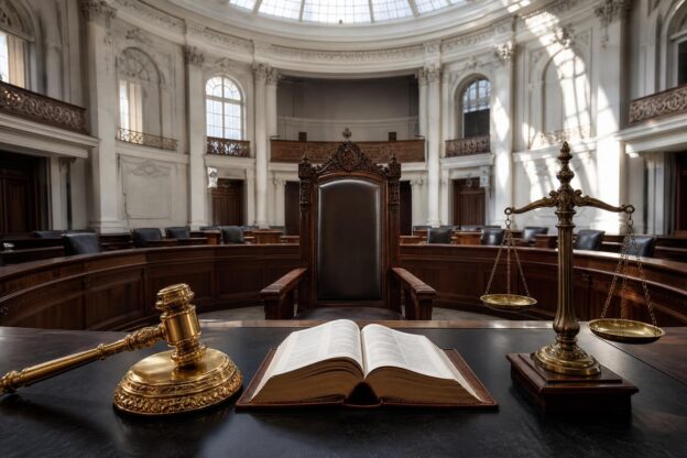 Ein leerer Präsidentenstuhl im Plenarsaal mit Hammer, Gesetzbuch und Waage, beleuchtet von Morgenlicht.