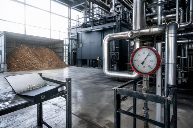 Industrielle Halle mit Wärmemessgerät, Rohren, Holzstapel und offenem Aktenordner im Morgenlicht.