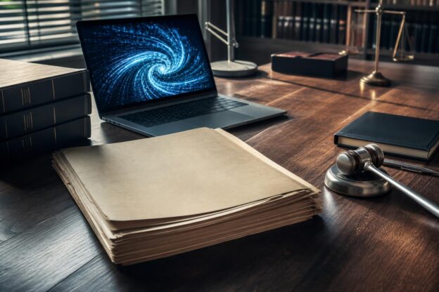 Ein moderner Laptop mit blauem Datenmuster steht neben einem alten Schriftsatz, einem Richterhammer und Gesetzesbüchern auf