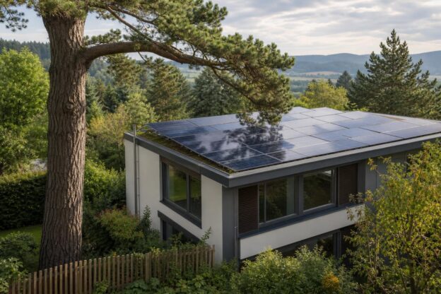Moderne Photovoltaikanlage auf einem Einfamilienhaus, beschattet von einem alten Baum in einer ländlichen Umgebung.