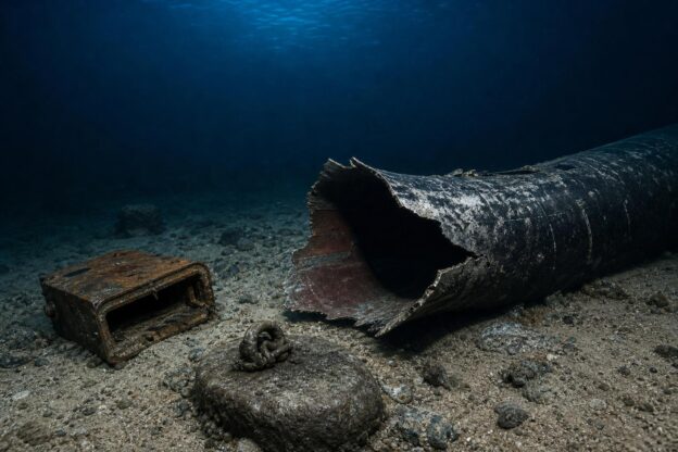 Zerbrochene Gasleitung auf dem Meeresgrund mit Sprengresten und Anker, umgeben von blauem Wasser.