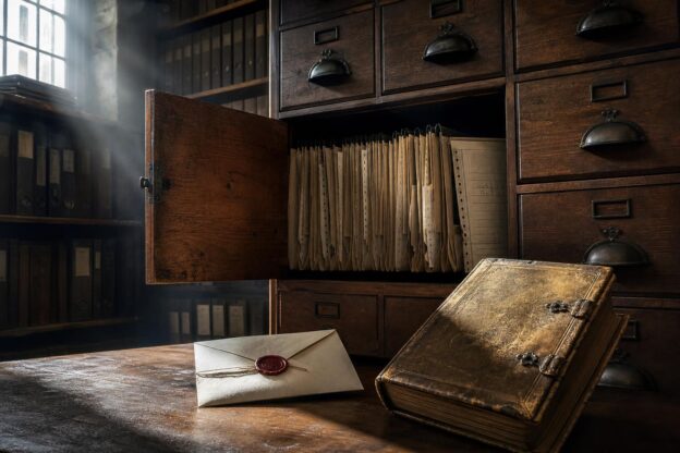 Ein geöffneter Holzschrank mit Aktenordnern steht neben einem alten Gesetzbuch und einem versiegelten Briefumschlag in einem