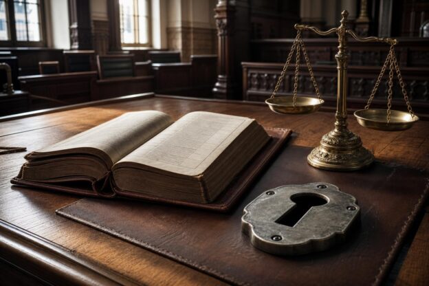 Ein aufgeschlagenes Mietvertragsbuch liegt auf einem Eichentisch neben einer antiken Waage der Justiz und einem stählernen