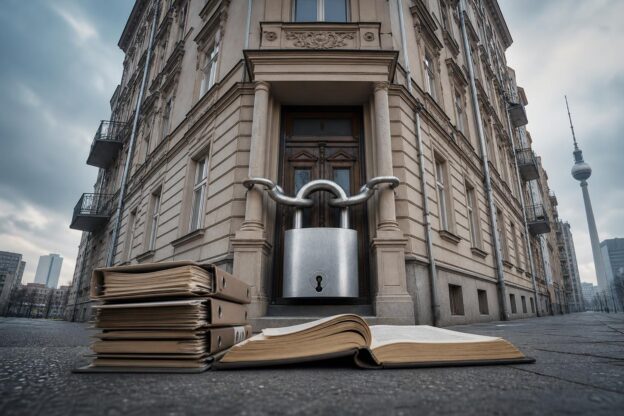 Ein altes Berliner Wohnhaus mit riesigem Schloss an der Tür, davor liegen Aktenordner und ein geöffnetes Buch vor der