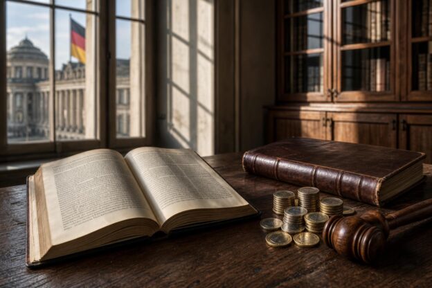 Ein offenes, antikes Buch liegt neben einem geschlossenen Buch, Münzen und einem Holzhammer auf einem dunklen Eichentisch in