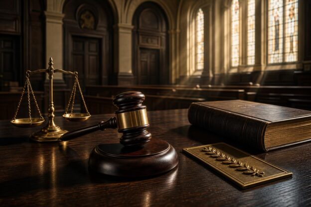 Ein kunstvoller Richterhammer aus dunklem Holz liegt neben einer bronzenen Justizwaage auf einem Mahagonitisch in einer